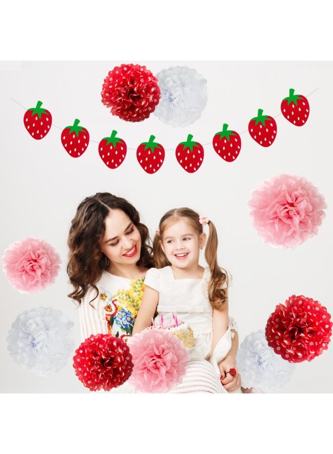 Mordely Strawberry Party Decorations Red Pink White Tissue Pom Poms Fans Honeycom Balls Lanterns Garland Classroom Berry Sweet Fruits 1st One Birthday Bridal Baby Shower Décor Supplies Girls - Image 3